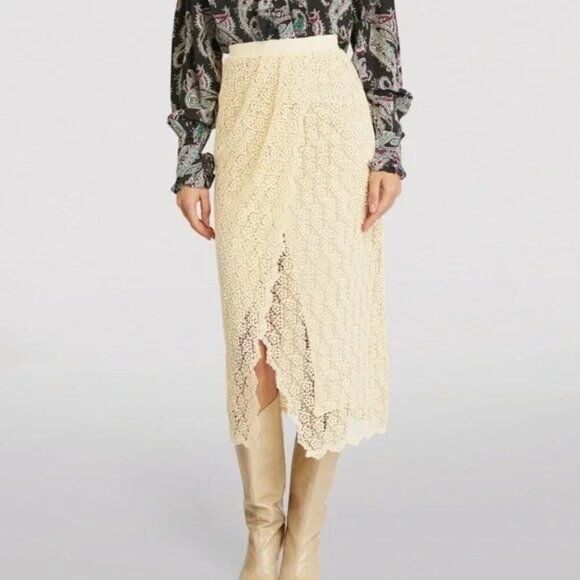 Isabel Marant Evelina Faux Wrap Cotton Guipure Lace Midi Skirt in Ecru - Picture 1 of 11